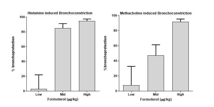 Formoterol demonstrated significant inhibition on resistance and compliance of airway induced by histamine and methacholine in anaesthetised guinea pig. Formoterol also showed significant bronchoprotection against 5µg/kg histamine and methacholine challenge. 
