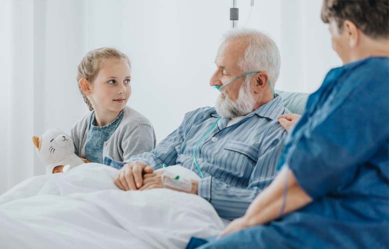 Photo d'un homme dans un lit d'hôpital, entouré de sa petite-fille et d'un médecin.